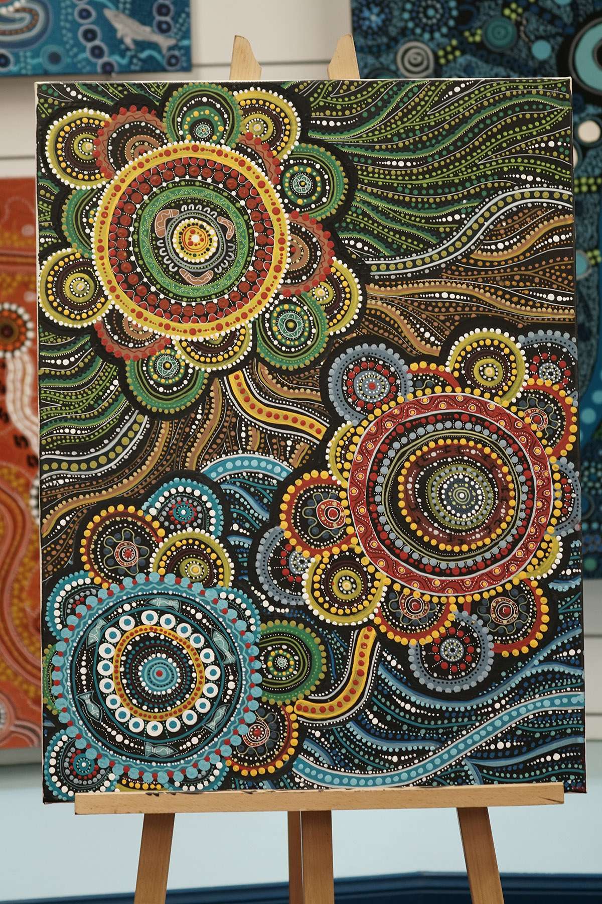 ‘Darunga Mudang’, meaning ‘celebrate life’ – artwork developed in collaboration with Indigenous artists, Dalmarri, which reflects Diageo’s three main sites in Australia – Bundaberg Rum Distillery (top green circle), Huntingwood Packaging and Distribution (middle grey circle), and Sydney HQ (bottom blue circle).