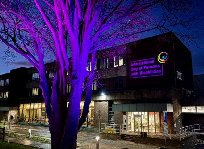 Levon packaging, Scotland site lit up purple